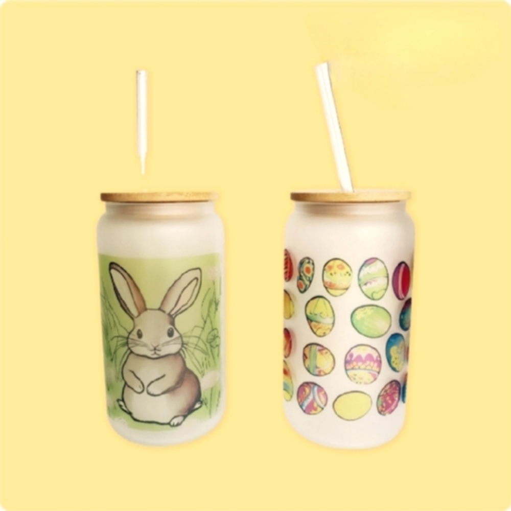 Two Homemade Glass Easter Tumblers (New) with straws.